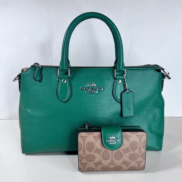 COACH Georgia Satchel Green Pebbled Leather Shoulder Crossbody Bag w Wallet - Picture 2 of 16